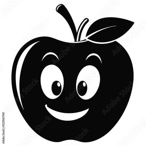 Animated apple with a happy face and stem in black and white
