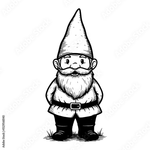 A Cute Garden Gnome Standing Front View Black and White Outline Line Art Drawing Engraving Illustration
