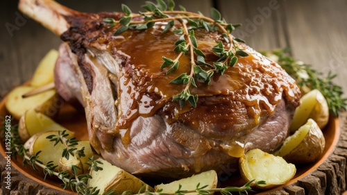 Baked leg of lamb, drizzled with sweet and spicy honey-thyme glaze. This dish is served on a rustic wooden platter surrounded by fried potatoes and fresh herbs.