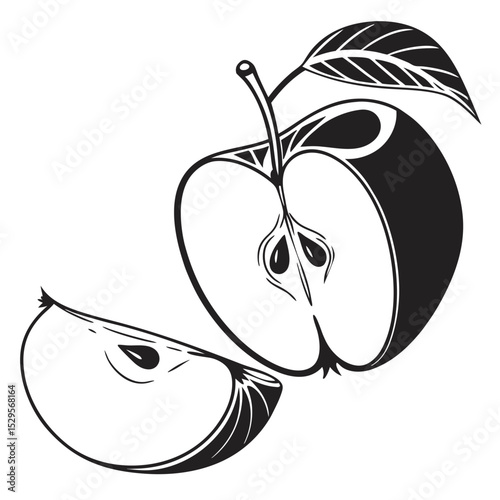 Monochrome reveals half apple and a slice with leaf in detail