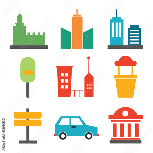 city set of vector doodle icon on transparent background
