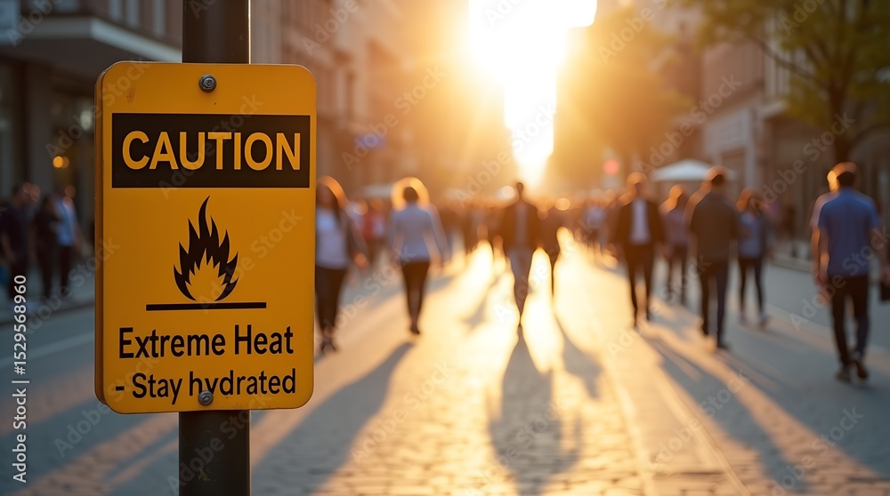 custom made wallpaper toronto digitalCaution sign for extreme heat with people walking on street during sunset  