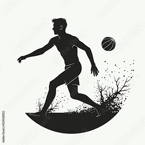 Silhouette of man shooting basketball in artistic design style  