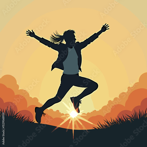 Silhouette of men jumping with arms raised against sunset backdrop  