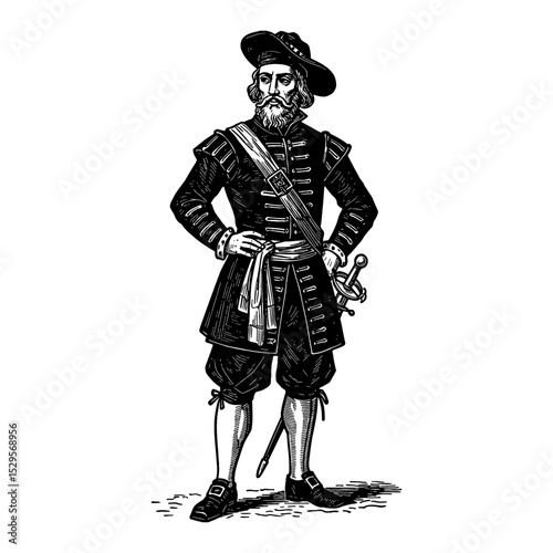 Vintage Portuguese Explorer Full Body Portrait in Historical Costume Black and White Outline Line Art Drawing