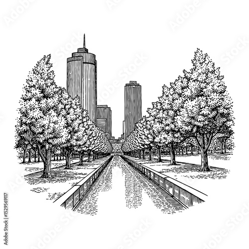A Canal in a Central Park Surrounded by Skyscrapers Black and White Outline Line Art Drawing