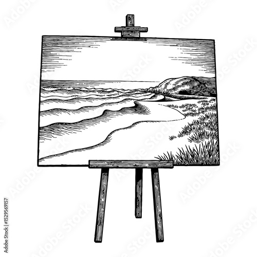 Easel Stand with Beach Sand Dunes Ocean Landscape Illustration Canvas Black and White Outline Line Art Drawing