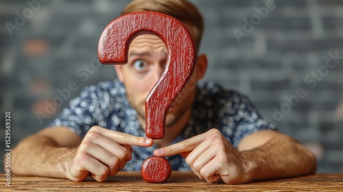 Man with wooden question mark gestures in front of brick wall demonstrating curiosity and inquiry in a casual setting