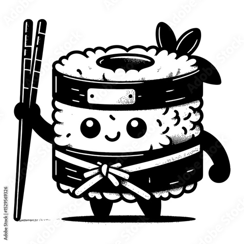 Cute Sushi Ninja Warrior Character Holding Chopsticks Black and White Outline Line Art Drawing Fun Food