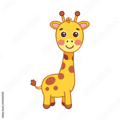 Cute cartoon giraffe character with yellow body and brown spots
