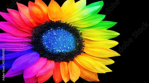 Rainbow Sunflower, vibrant petals, black background, design element