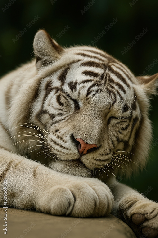 Fototapeta premium tiger resting its head on its front paws, looking away from camera.