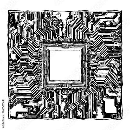 Intricate CPU Circuitry Processor Microchip Black and White Outline Line Art Drawing Tech Board
