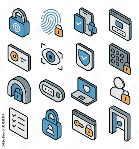 Authentication and encryption access isometric set. biometric padlock, fingerprint unlock icon, multi-factor authentication steps, secure login window.