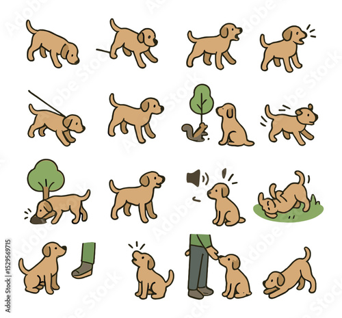 Dog behavior on walks isometric set. dog sniffing the ground, dog stopping suddenly, dog chasing squirrel, dog barking excitedly, dog pulling forward, dog