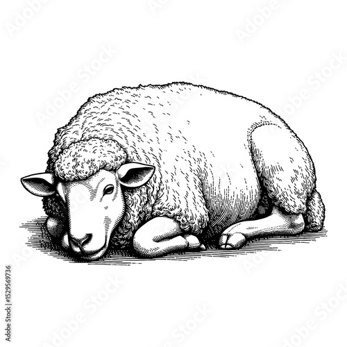 Sleeping Lying Sheep Resting Black and White Outline Line Art Drawing Vintage Engraving Style