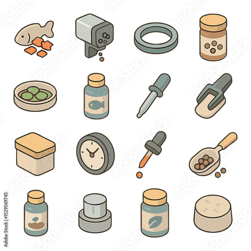 Feeding and care items isometric set. fish food flakes, automatic feeder, feeding ring, sinking pellet jar, algae wafer dish, fish vitamins bottle, feeding