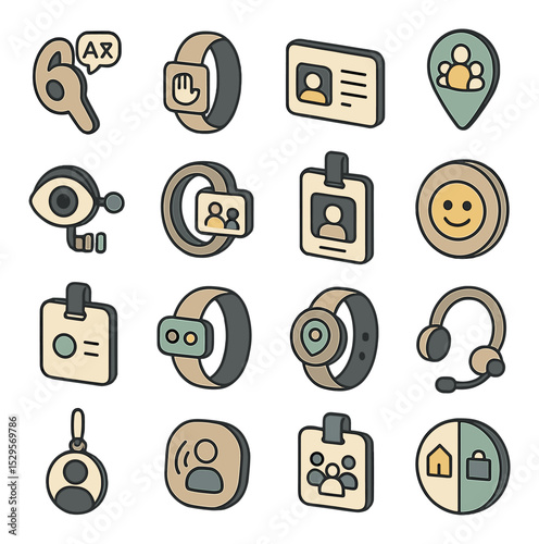 Collaboration-focused wearables isometric set. real-time voice translator earpiece, gesture-based communicator band, smart name tag display, team presence