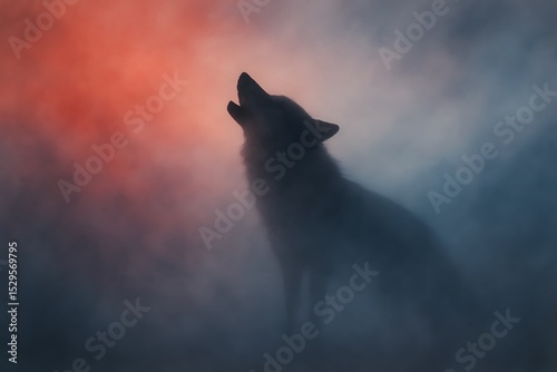 An evocative image of a lone wolf silhouetted against a backdrop of swirling mist and a fiery, dramatic sky. The wolf howls, creating a sense of wildness and raw emotion. 