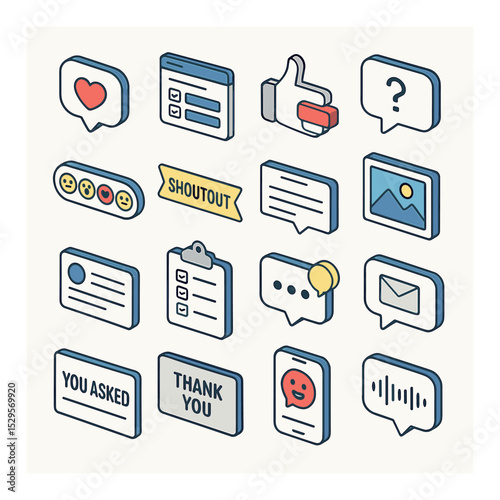 Audience interaction moments isometric set. comment heart icon, viewer poll window, “like and subscribe” hand, question card popup, emoji reaction row.
