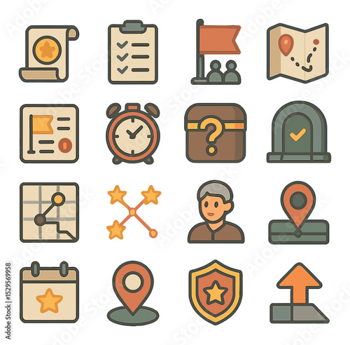 Challenges and quests isometric set. weekly quest scroll, mission checklist, team challenge flag, task map route, side quest card, time-limited goal clock.