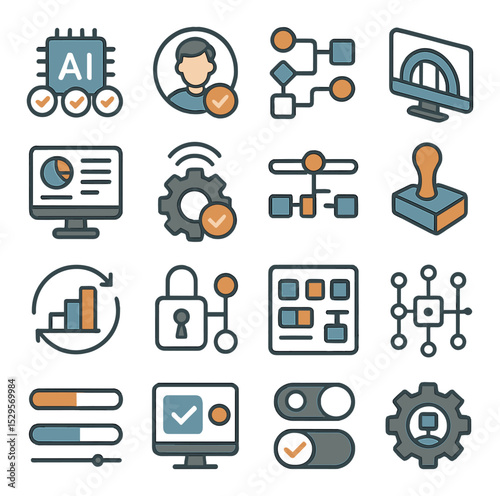 Workflow integration isometric set. AI task queue, human oversight badge, blended process flow, digital bridge interface, synced dashboard screen.