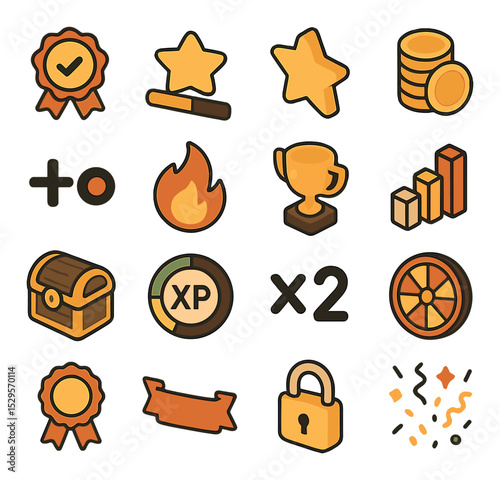 Task reward system isometric set. achievement badge, level-up star, progress bar meter, virtual coin stack, bonus points symbol, daily streak flame.