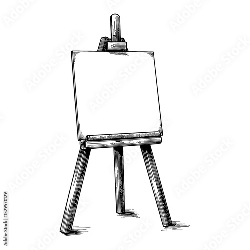 An Easel Stand with Blank Canvas Empty in Black and White Outline Line Art Drawing Isolated Object