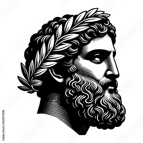Bearded Greek Statue Head with Head Ornament Side View Classic Black and White Outline Line Art Drawing