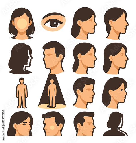 Character-focused lighting isometric set. close-up face glow, eye light twinkle, hair light shimmer, chin shadow cut, silhouette reveal lighting, jawline
