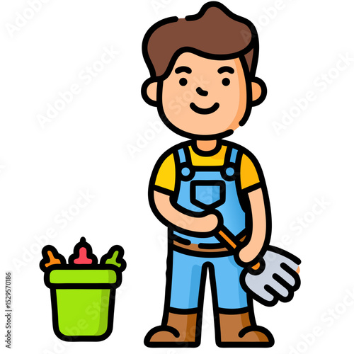 Cartoon Gardener with Colorful Vegetables in a Pot