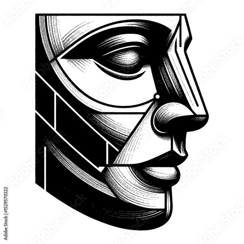 Abstract Facial Geometric Diagram Art Black and White Outline Line Art Drawing of a Human Face Profile