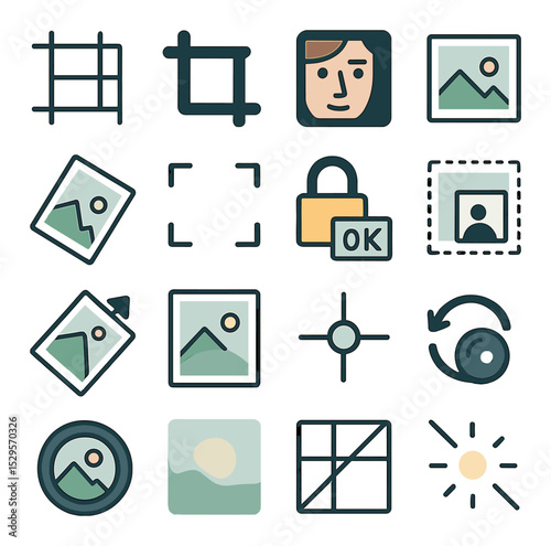 Framing and composition isometric set. rule of thirds grid, crop tool frame, zoomed face cutout, image border element, dynamic angle crop, focus box