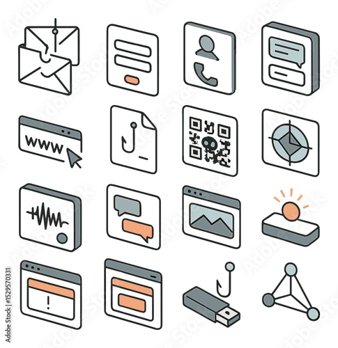 Social engineering tools isometric set. phishing email template, fake login form, spoofed caller ID box, SMS spoof panel, link shortening tool, bait file
