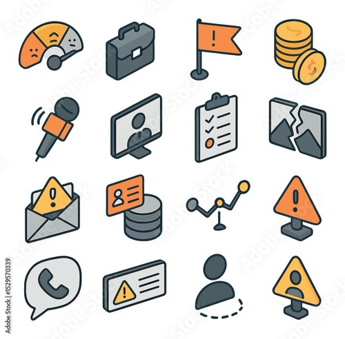 Organizational impact isometric set. customer trust meter dropping, legal report briefcase, compliance warning flag, financial loss coin stack, press