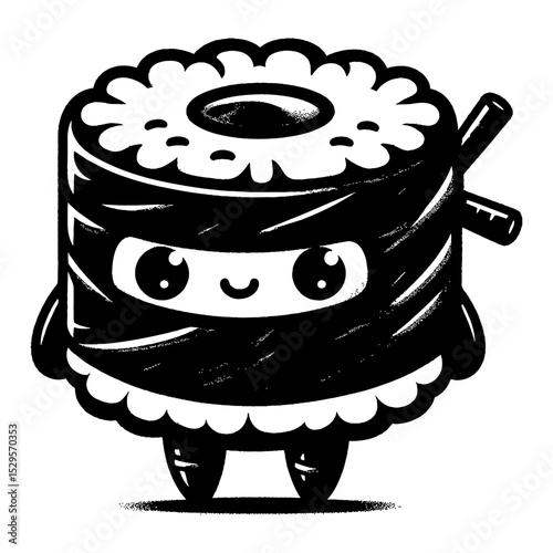 Cute Sushi Roll Ninja Warrior Character Holding Chopsticks Standing Black and White Outline Line Art Drawing