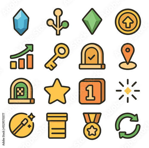 Level progression system isometric set. experience point crystal, skill tree branch, progress milestone gem, upgrade badge, stat boost icon, challenge