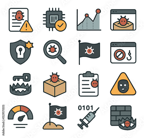 Threat detection systems isometric set. malware signature alert, heuristic scan indicator, anomaly detection graph, sandbox execution screen, exploit
