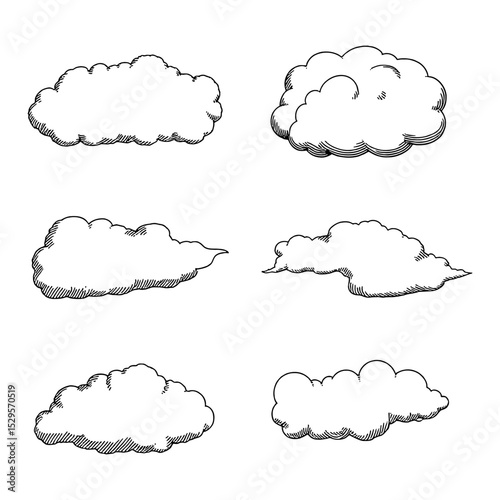 Set of Cloud Sketch Collections Black and White Outline Line Art Drawing Hand Drawn Vector Graphic Design