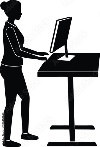 Business people silhouettes at office desks, men and women working on computers and laptops, vector illustration