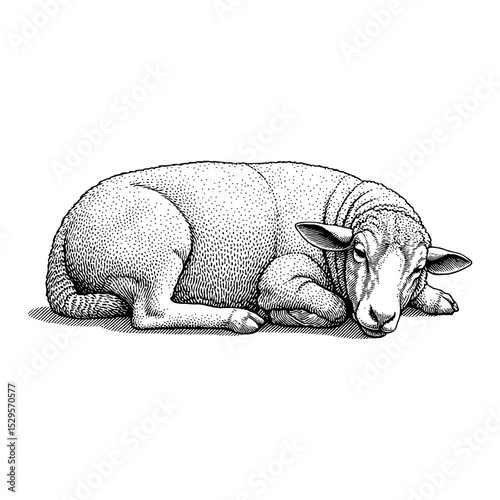 Sleeping Lying Sheep Resting Black and White Outline Line Art Drawing Farm Animal Isolated Detail