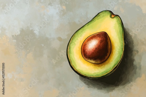 A ripe avocado is perfectly sliced in half, revealing its creamy green flesh and brown seed. The neutral background highlights the avocado's natural colors and smooth texture, creating a clean visual