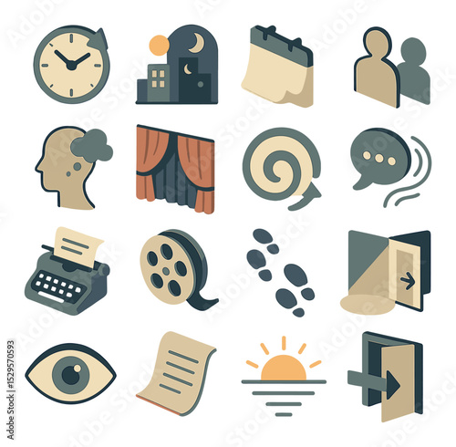 Storytelling transitions isometric set. clock spinning forward, day-to-night skyline, calendar page flipping, character silhouette shift, dream bubble