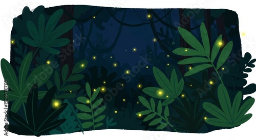 Firefly Magic in the Rainforest - Enchanting rainforest scene at night, fireflies glowing, lush foliage, magical atmosphere, tranquility and nature's wonder