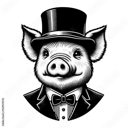 Cute Pig Wearing Vintage Suit and Top Hat Black and White Outline Line Art Drawing