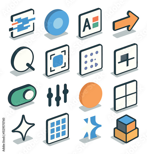 Effects and transitions menu isometric set. glitch overlay icon, blur strength circle, text animation preview, color filter tile, shape mask handle, zoom