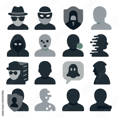 Digital anonymity icons isometric set. incognito user icon, masked profile avatar, hidden identity token, encrypted faceplate, private browsing figure.