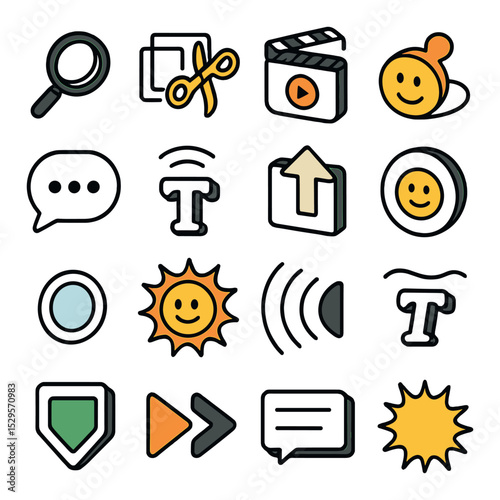 Editing and effects tools isometric set. zoom cut overlay, slow motion replay icon, emoji stamp effect, comment bubble animation, text pop-up reaction.