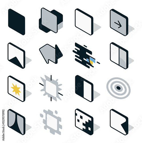 Video editing transitions isometric set. fade to black, cross dissolve, zoom in transition, slide left effect, wipe up transition, spin rotate cut, glitch