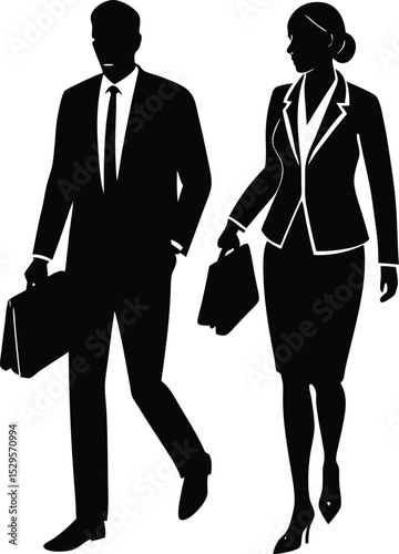 Black vector silhouettes of business people in suits, symbolizing success and teamwork in the office